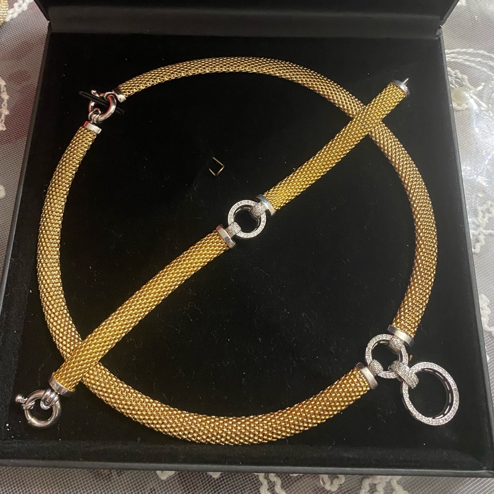 Diamond Ring Accent Mesh Necklace And Bracelet in Vermeil and Sterling Silver